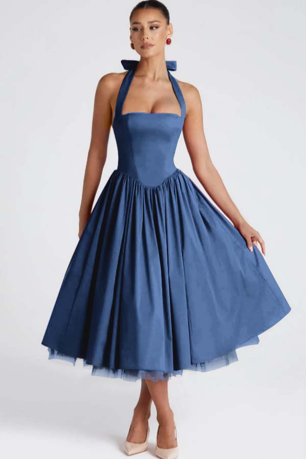 Halter Sleeveless Long A Line Formal Dress With Pleated Tulle