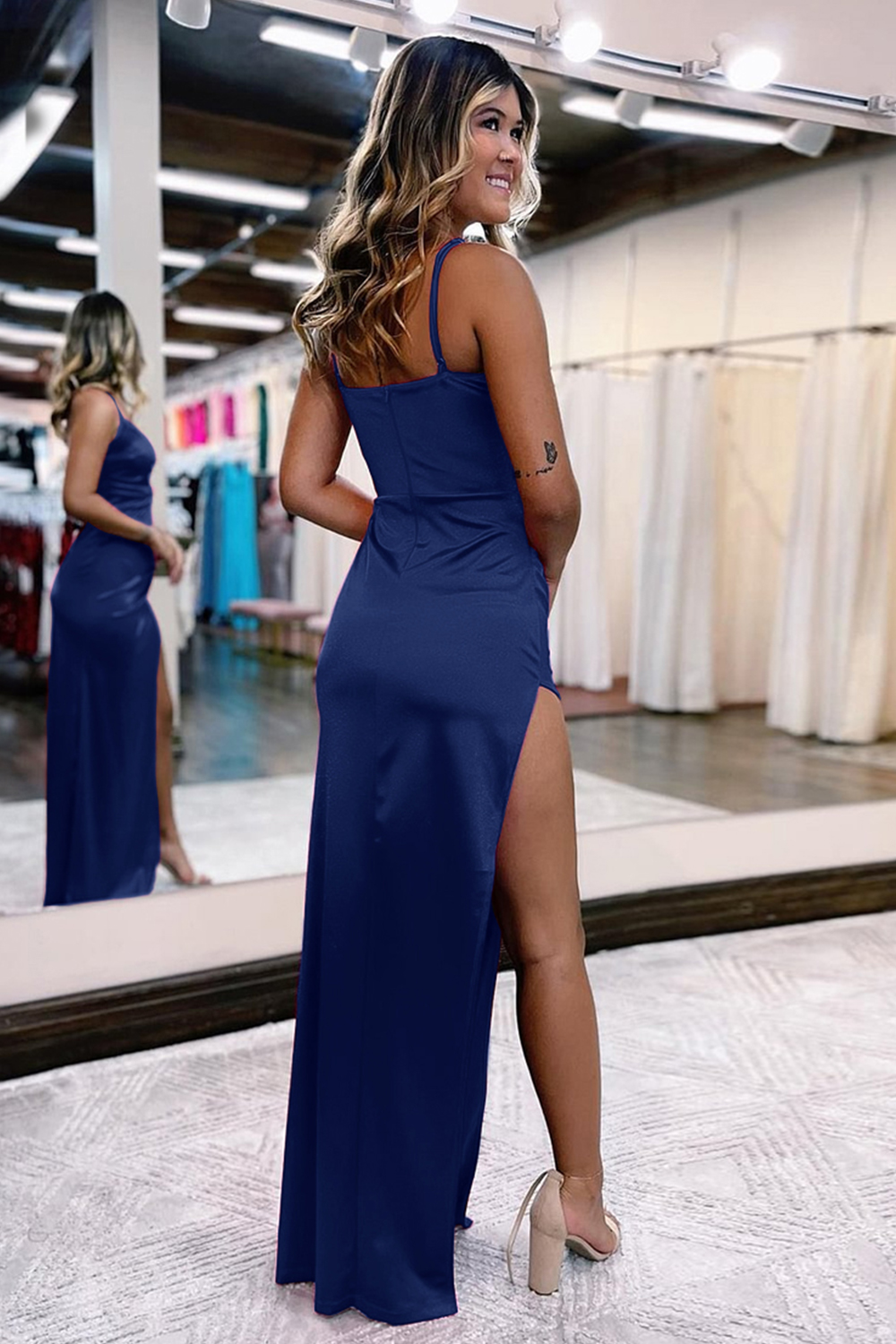 Simple V-Neck Prom Dress in Hot Pink Satin with Slit