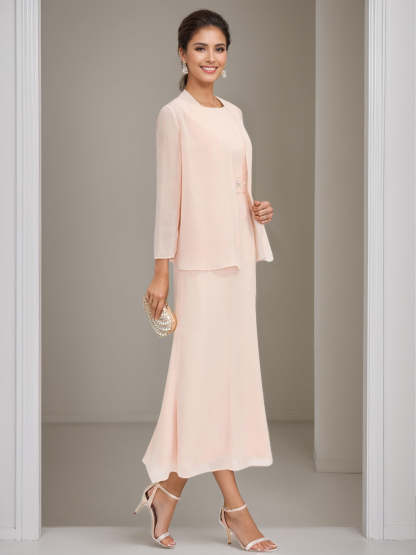 Tea-Length Mother of the Bride Sheath Dress with Beaded Jacket