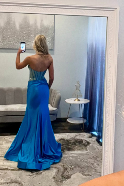 Long Black Satin Beaded Prom Dress with Sweetheart Neckline and Mermaid Slit