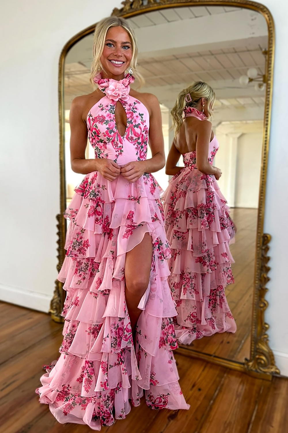Floral Halter Neck A-Line Prom Dress with Cut-out and Slit in Blush