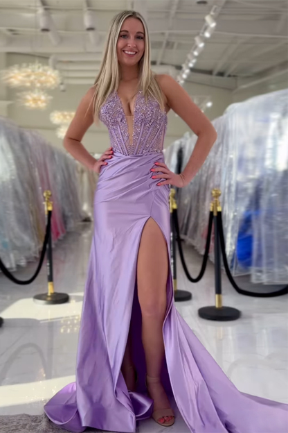 Long Backless Satin Mermaid Prom Dress in Red with Lace and Halter Corset