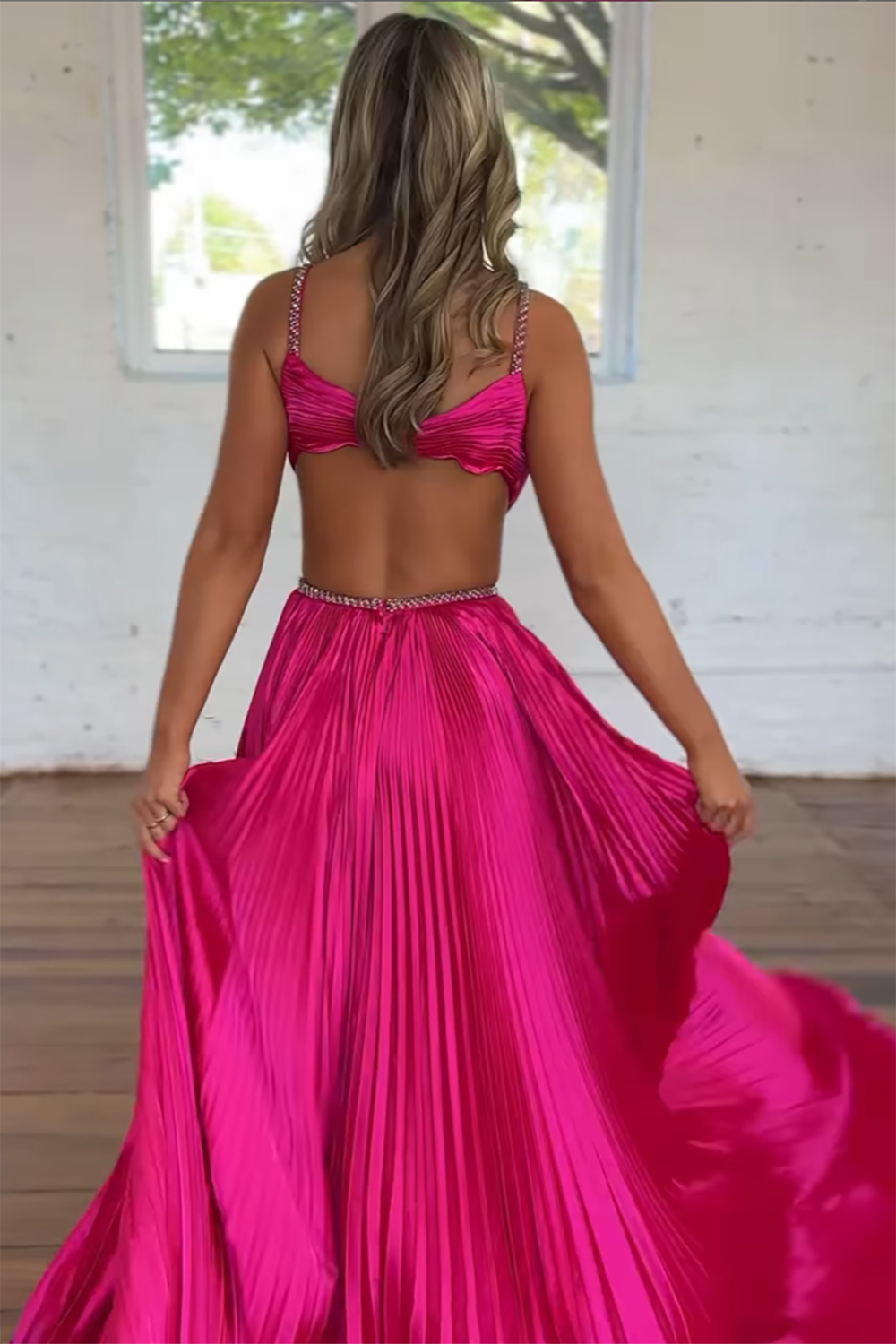 Fuchsia Satin Sparkle Prom Dress with Spaghetti Straps A-Line Pleats Cut-Out and Slit