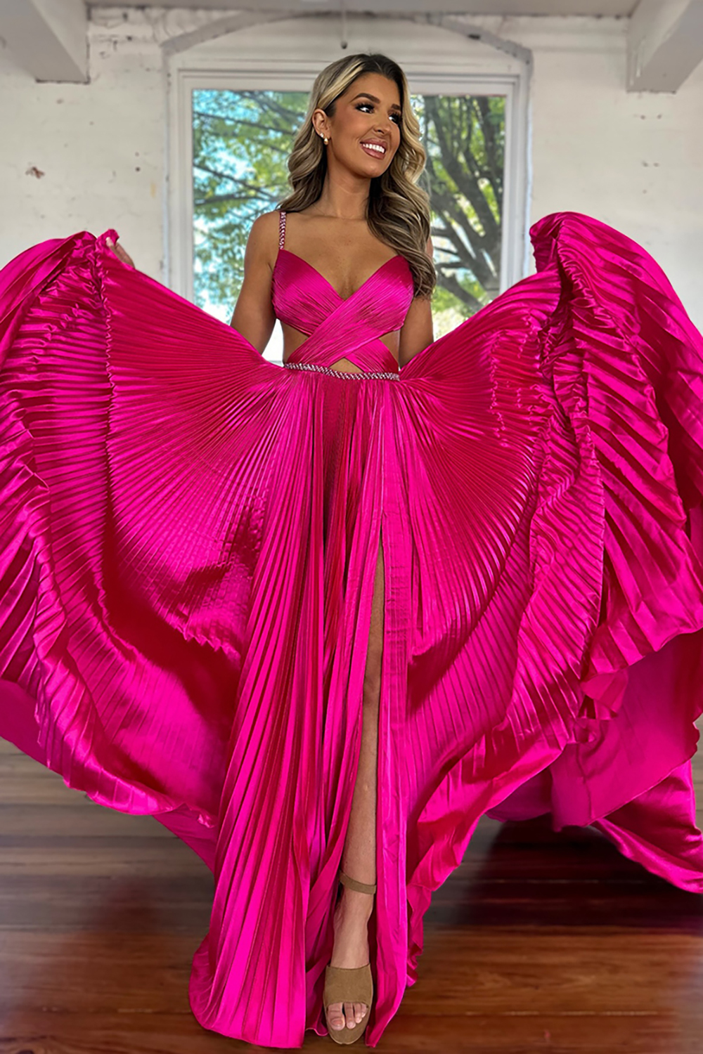Fuchsia Satin Sparkle Prom Dress with Spaghetti Straps A-Line Pleats Cut-Out and Slit