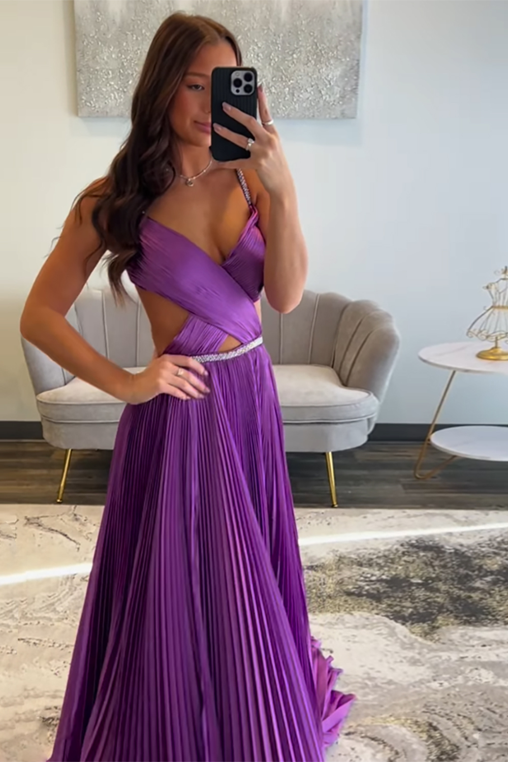 Fuchsia Satin Sparkle Prom Dress with Spaghetti Straps A-Line Pleats Cut-Out and Slit
