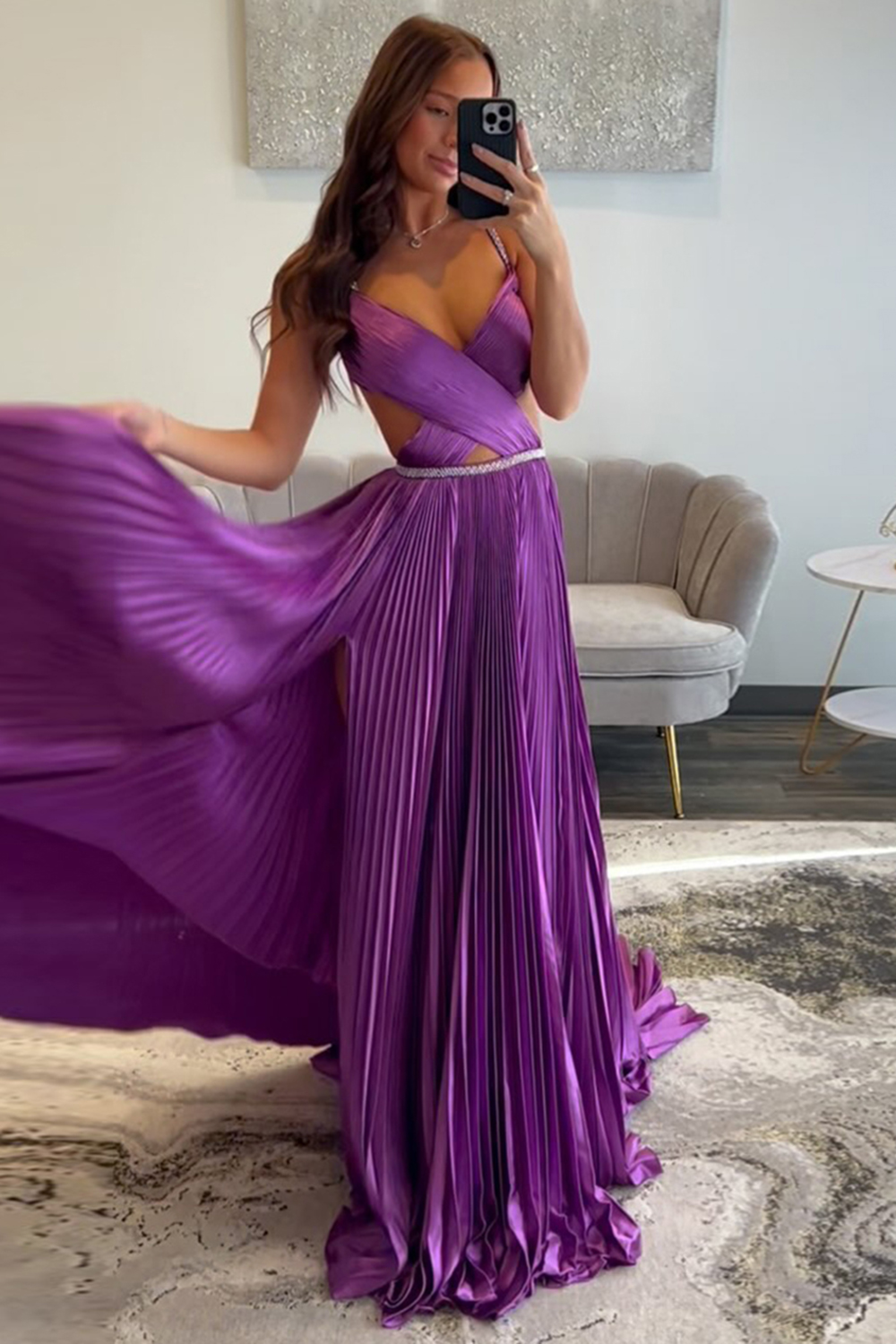 Fuchsia Satin Sparkle Prom Dress with Spaghetti Straps A-Line Pleats Cut-Out and Slit