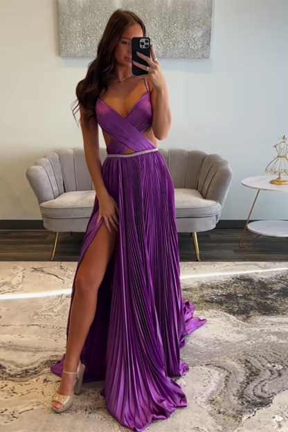 Fuchsia Satin Sparkle Prom Dress with Spaghetti Straps A-Line Pleats Cut-Out and Slit
