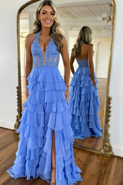 A Line Long Corset Prom Dress in Sky Blue with Halter Neck and Tiered Appliques