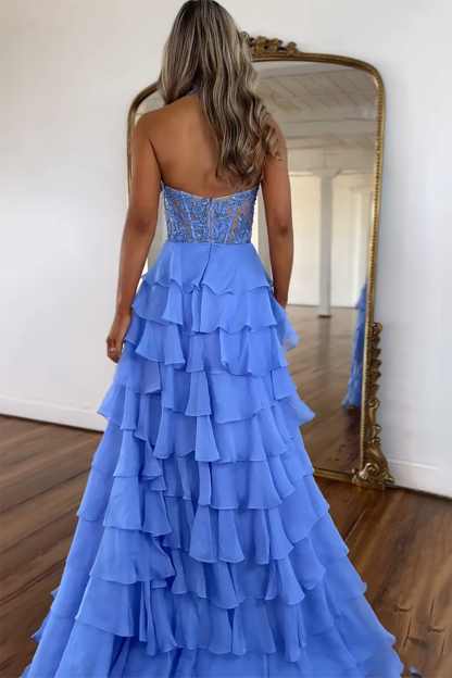 A Line Long Corset Prom Dress in Sky Blue with Halter Neck and Tiered Appliques