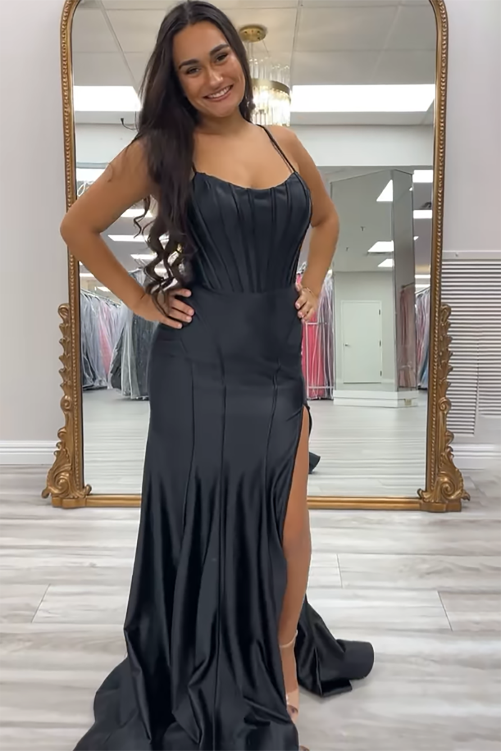 Long Satin Mermaid Prom Dress with Black Spaghetti Straps and Slit