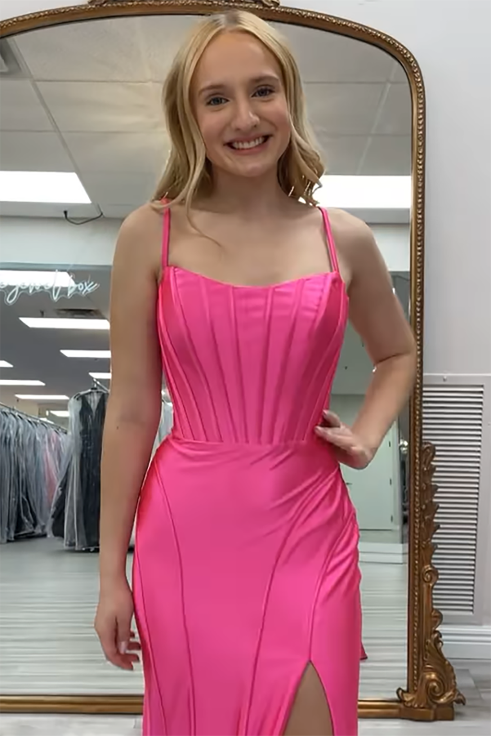 Long Satin Mermaid Prom Dress with Black Spaghetti Straps and Slit