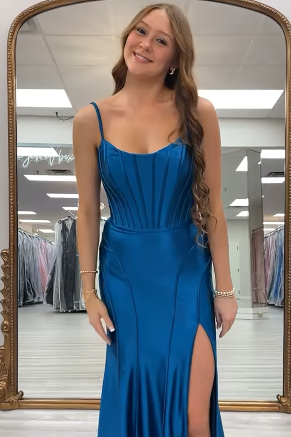 Long Satin Mermaid Prom Dress with Black Spaghetti Straps and Slit