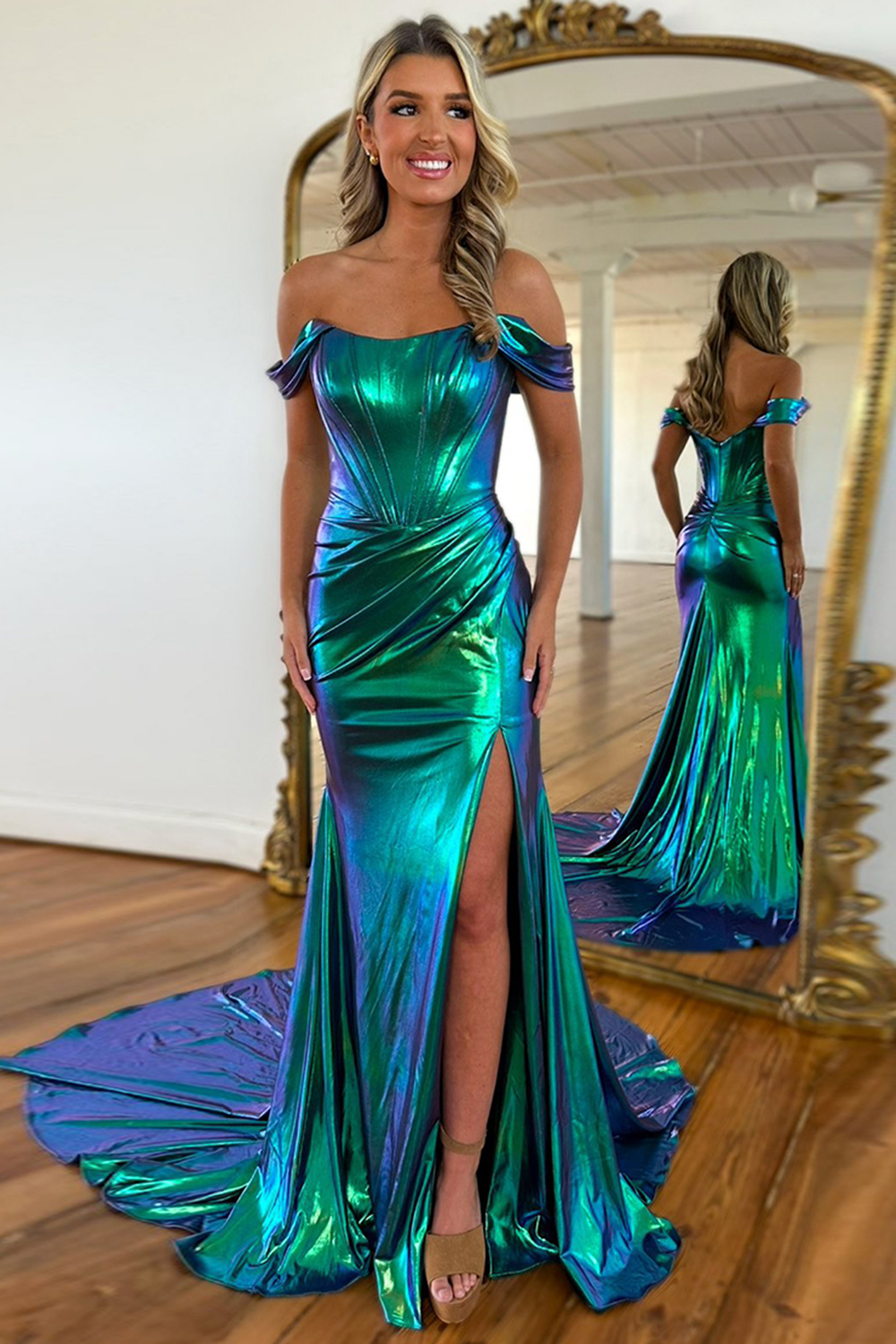 Metallic Long Mermaid Prom Dress in Hot Pink with Off-Shoulder Design
