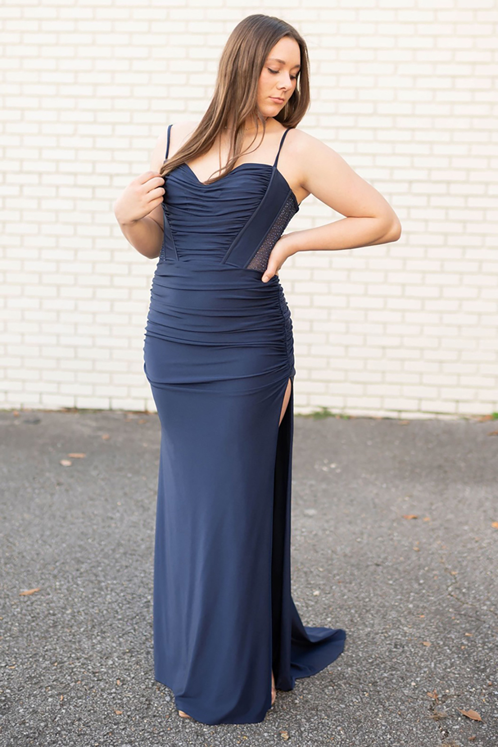 Long Navy Mermaid Prom Dress with Spaghetti Straps Ruched and Beaded