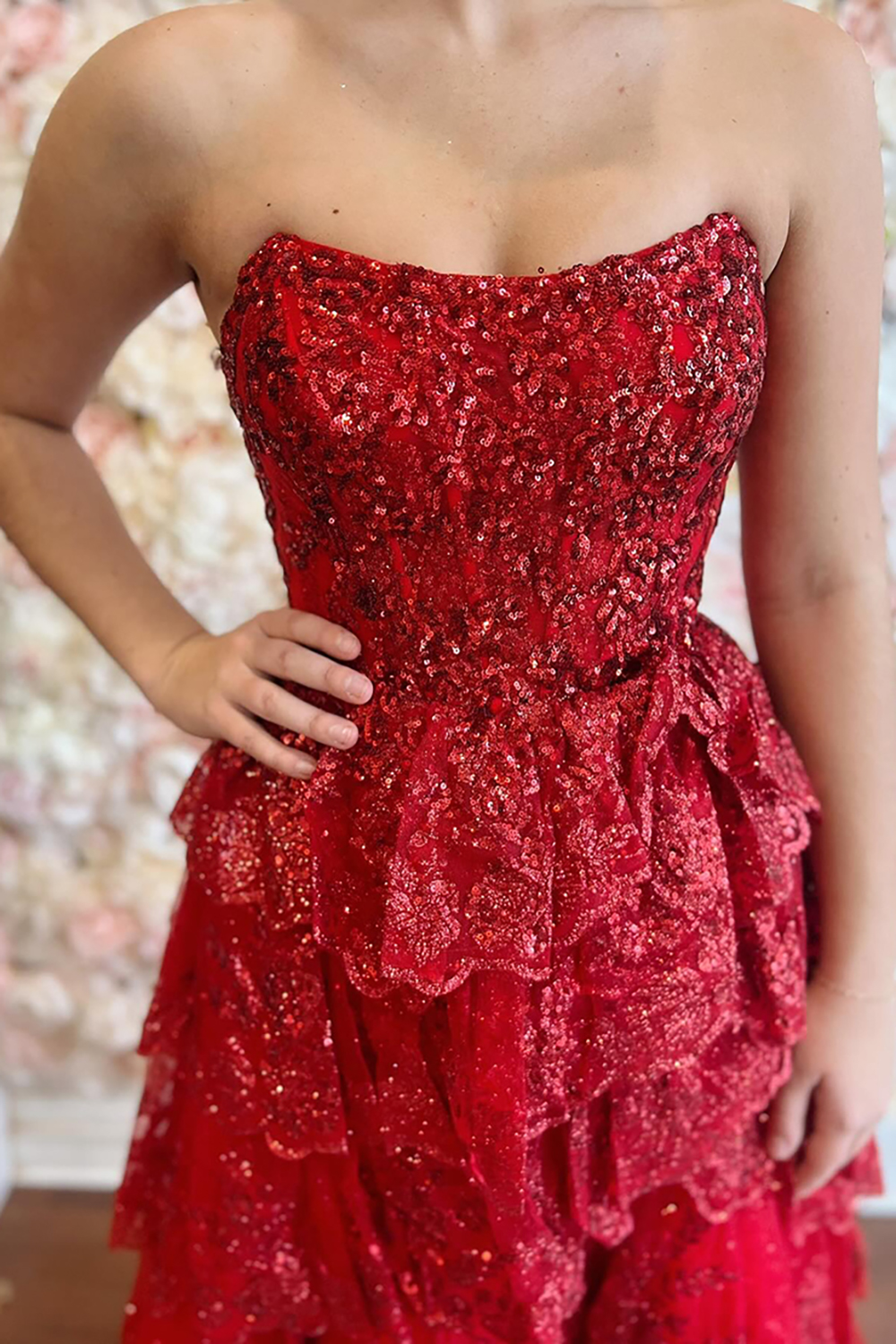 Long Strapless Red Sequin Corset Prom Dress with Tiered Tulle and Slit