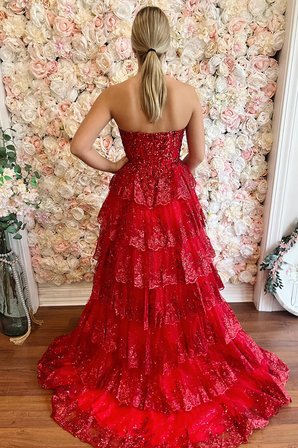 Long Strapless Red Sequin Corset Prom Dress with Tiered Tulle and Slit