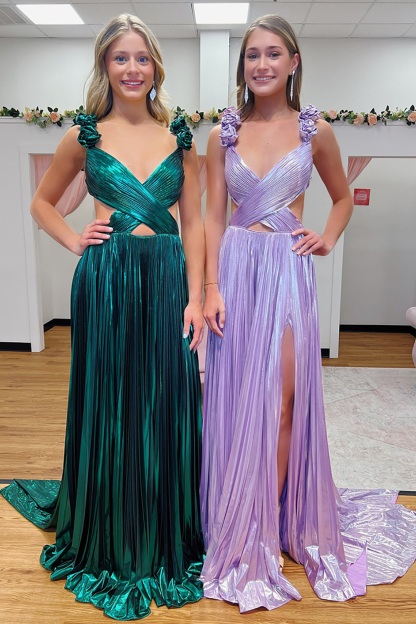 Long V-Neck Prom Dress in Metallic Green with Ruched A Line and Slit