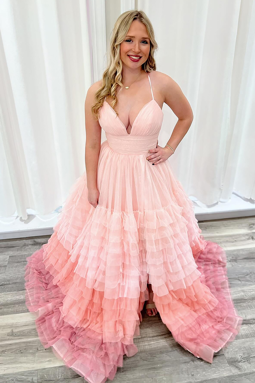 Princess Long Prom Dress in Pink with Ruffled Tulle and Spaghetti Straps Featuring a Slit