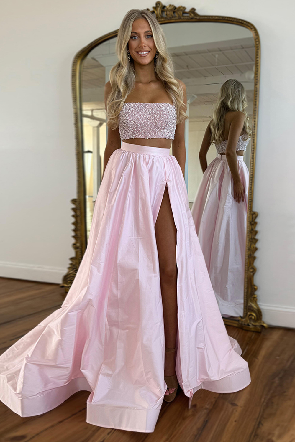 Long White Sparkly Prom Dress with Rhinestones - Two Piece Halter