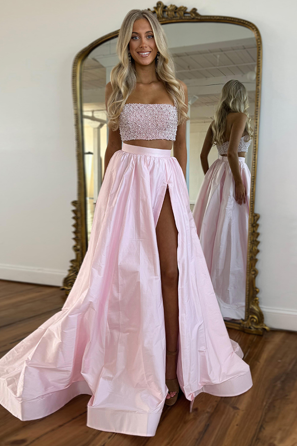 Long White Sparkly Prom Dress with Rhinestones - Two Piece Halter