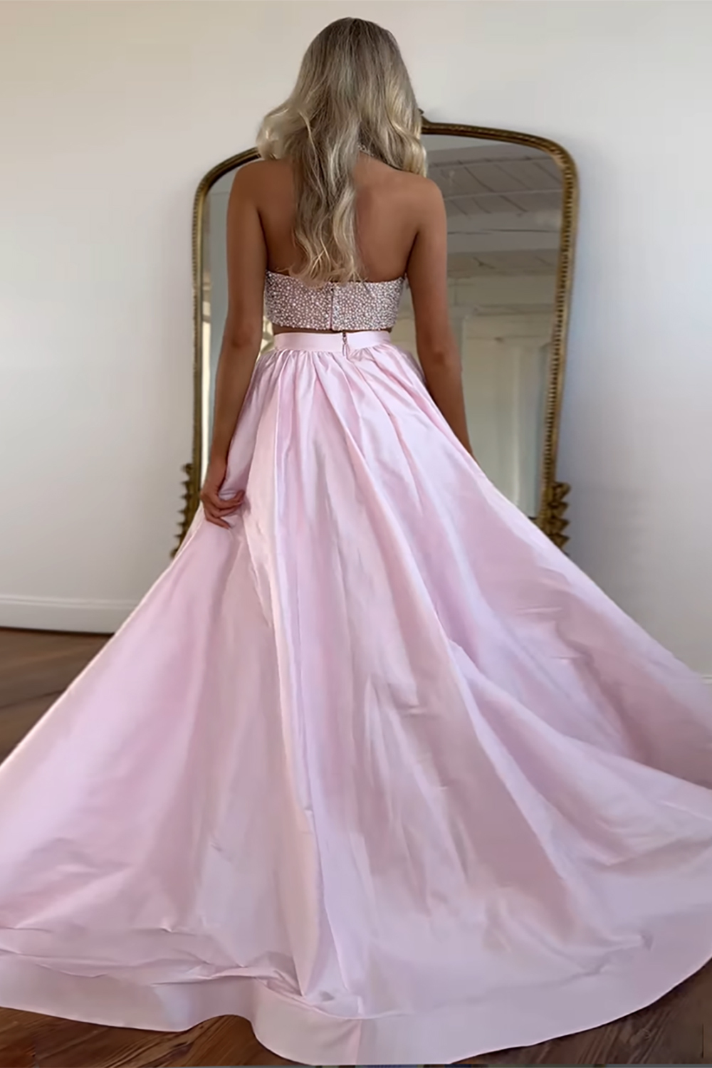 Long White Sparkly Prom Dress with Rhinestones - Two Piece Halter