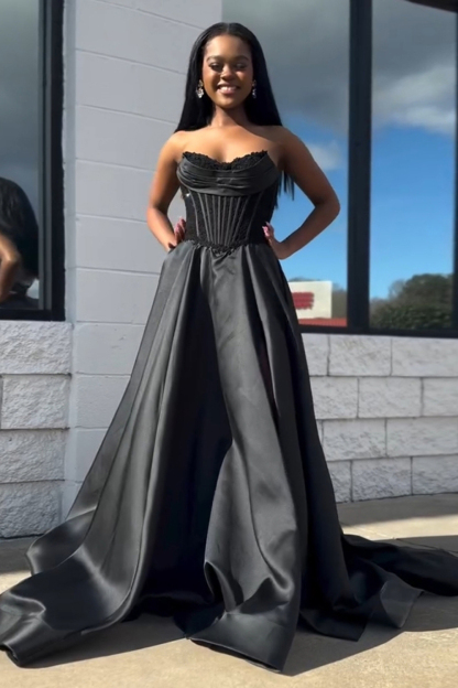 Long Black Satin Sweetheart Corset Prom Dress with Applique and Slit in A-Line