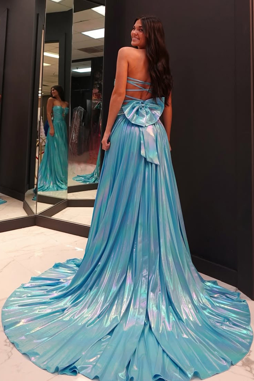 Metallic Blue Sweetheart Sparkly Long A-Line Prom Dress with Pleats and Slit