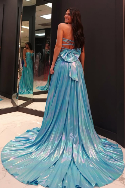 Metallic Blue Sweetheart Sparkly Long A-Line Prom Dress with Pleats and Slit