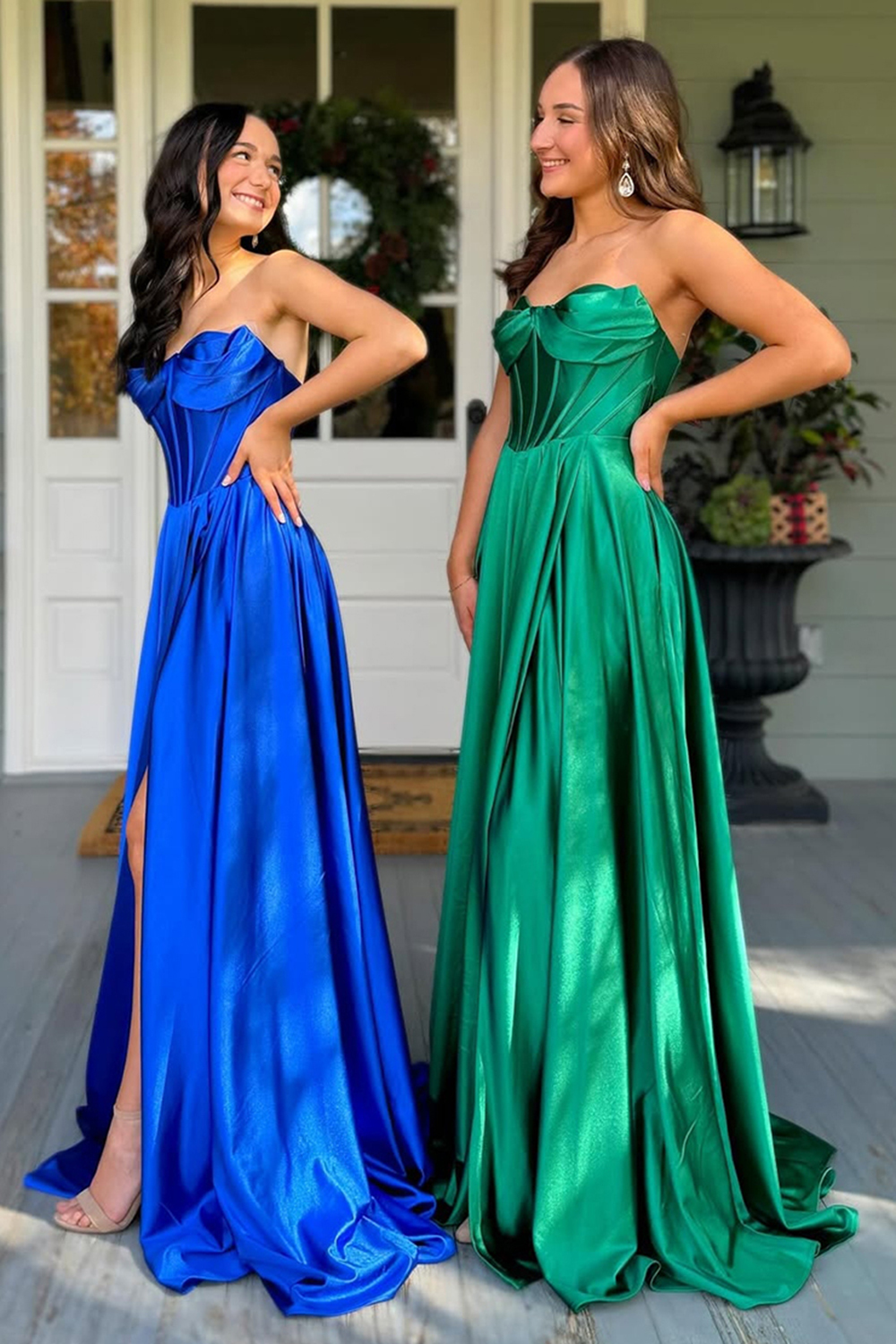 Sweetheart Dark Green Long Satin A-Line Corset Prom Dress with Ruched Detail and Slit