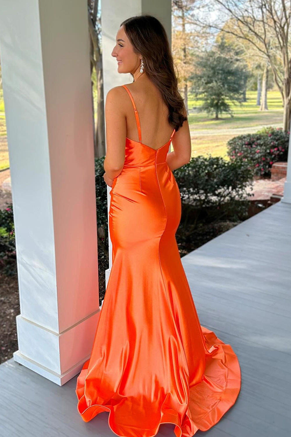 Deep V-Neck Mermaid Prom Dress with Orange Spaghetti Straps in Ruched Satin