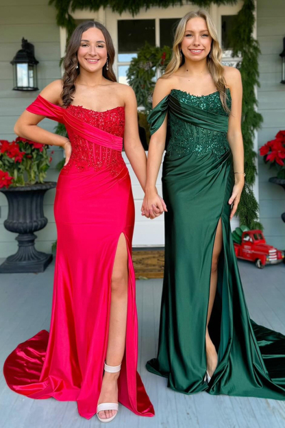 Dark Green Sequin Sparkly One-Shoulder Mermaid Corset Prom Dress with Satin Train