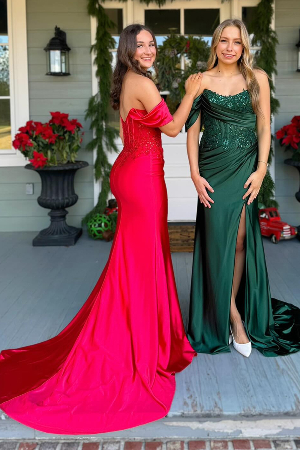 Dark Green Sequin Sparkly One-Shoulder Mermaid Corset Prom Dress with Satin Train