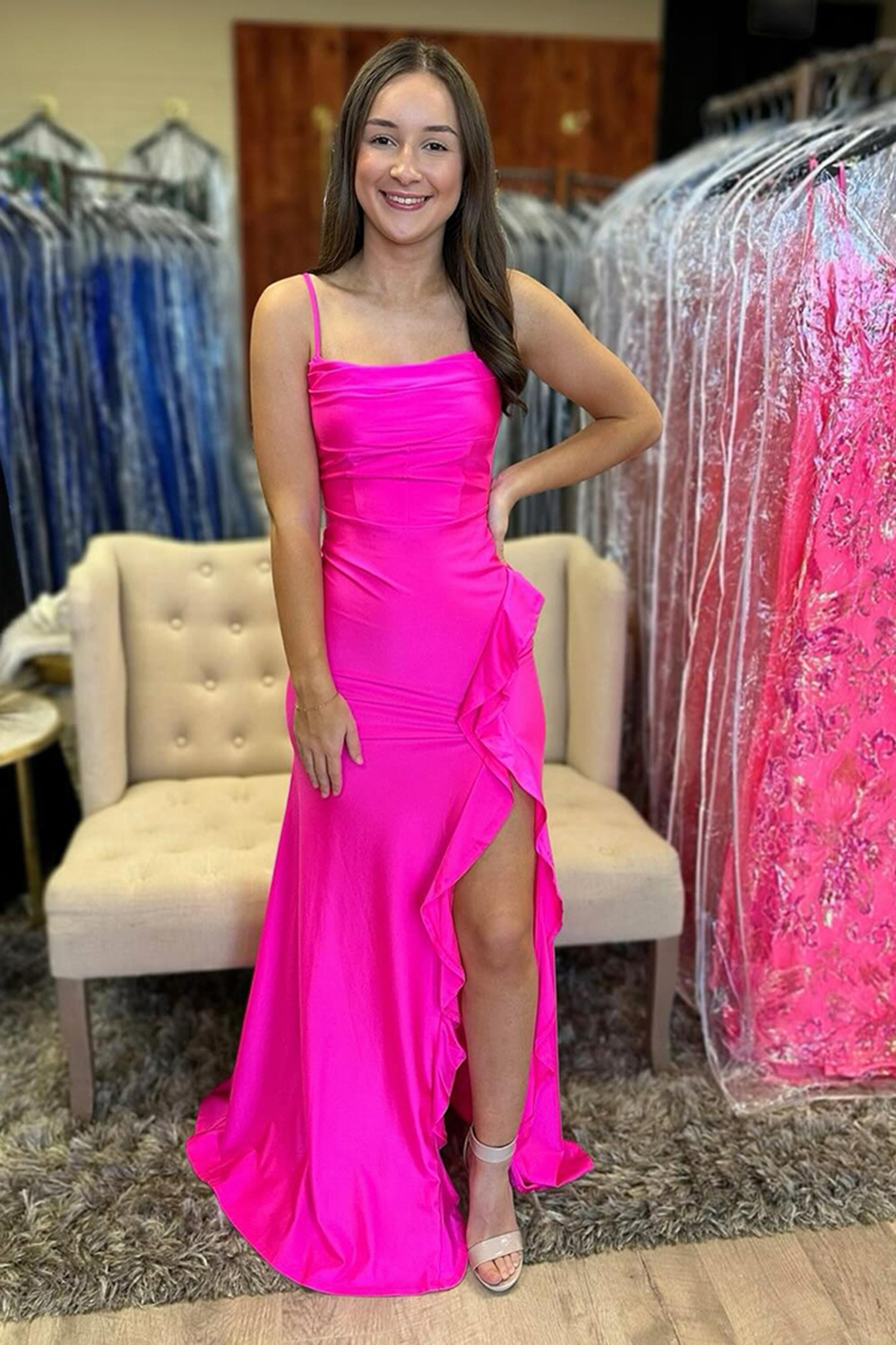 Long Prom Dress in Fuchsia Satin with Spaghetti Straps Mermaid Cut Ruffles and Slit