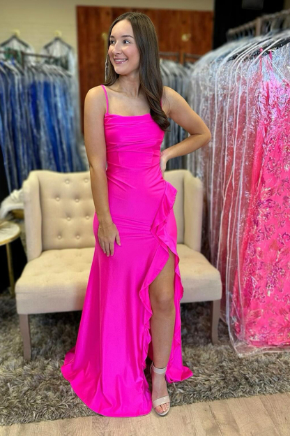 Long Prom Dress in Fuchsia Satin with Spaghetti Straps Mermaid Cut Ruffles and Slit