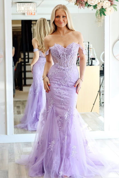 Long Lilac Mermaid Corset Prom Dress with Appliques and Off-Shoulder Tulle
