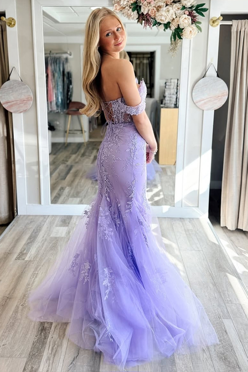 Long Lilac Mermaid Corset Prom Dress with Appliques and Off-Shoulder Tulle