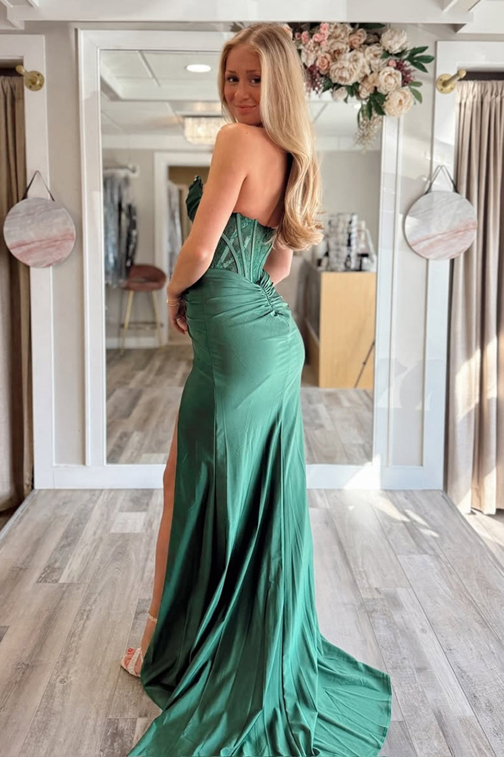 Long Strapless Mermaid Corset Prom Dress in Dark Green with Ruched Detail and Slit