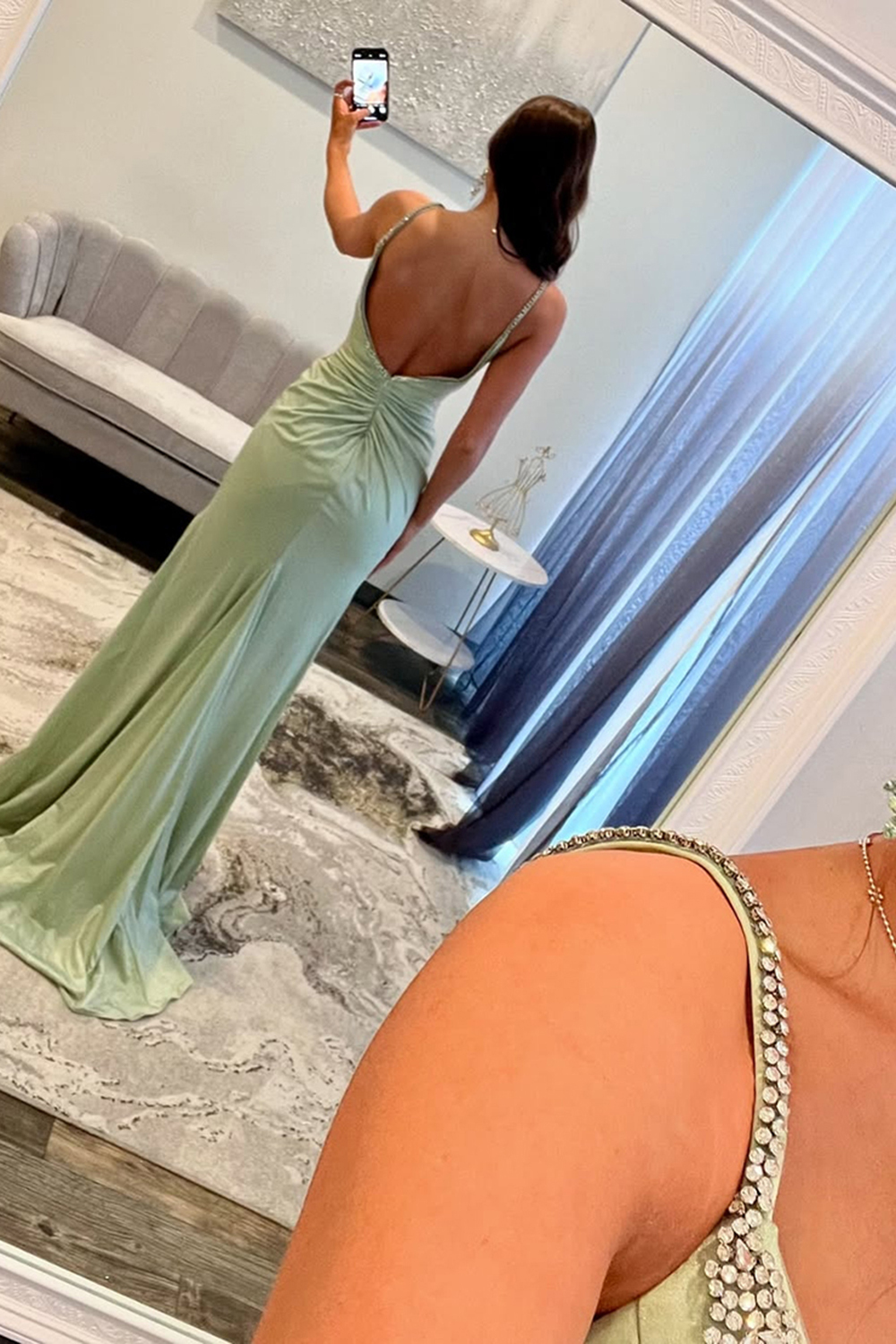 Strapless Mermaid Prom Dress in Light Green with Long Slit and Spaghetti Straps
