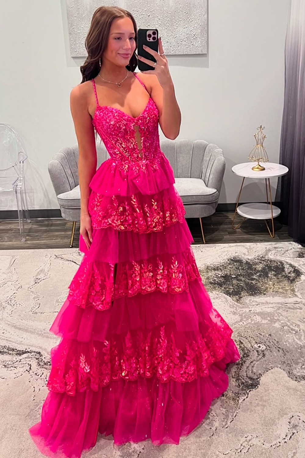 Long Fuchsia Prom Dress with Spaghetti Straps A-Line Silhouette Ruffled Tulle and Side Slit