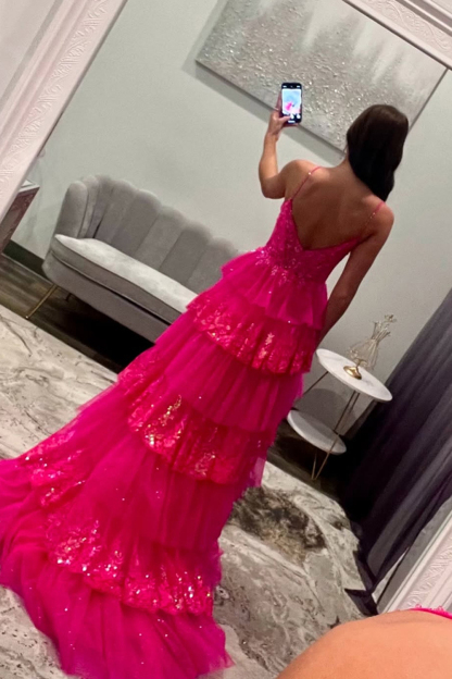 Long Fuchsia Prom Dress with Spaghetti Straps A-Line Silhouette Ruffled Tulle and Side Slit