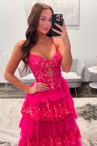 Long Fuchsia Prom Dress with Spaghetti Straps A-Line Silhouette Ruffled Tulle and Side Slit