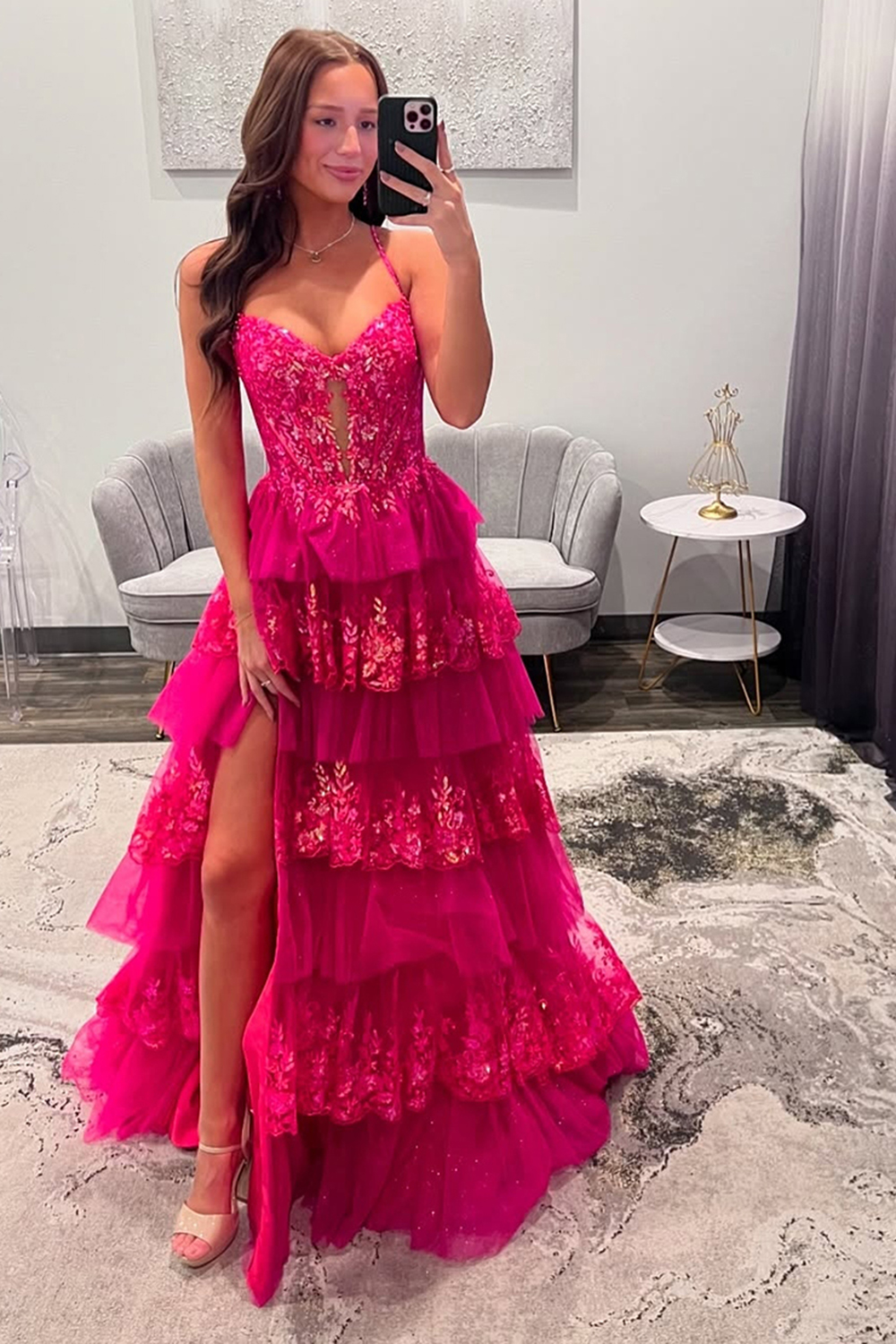 Long Fuchsia Prom Dress with Spaghetti Straps A-Line Silhouette Ruffled Tulle and Side Slit