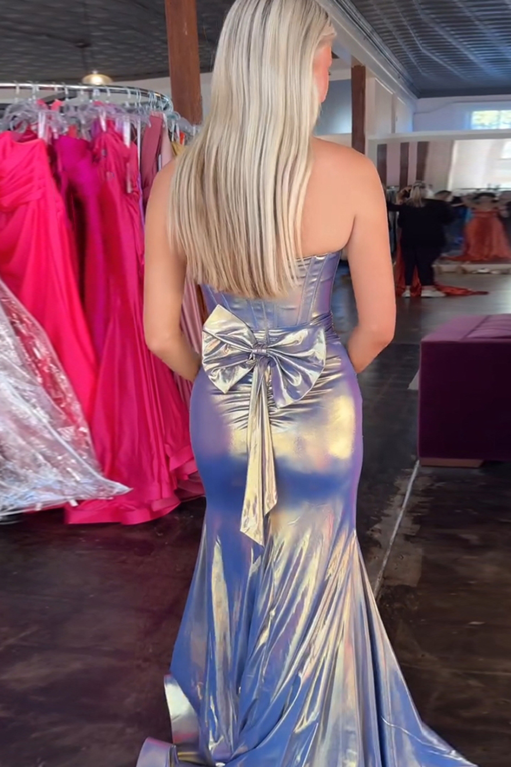 Metallic Blue Golden Long Mermaid Prom Dress with Strapless Design and Slit