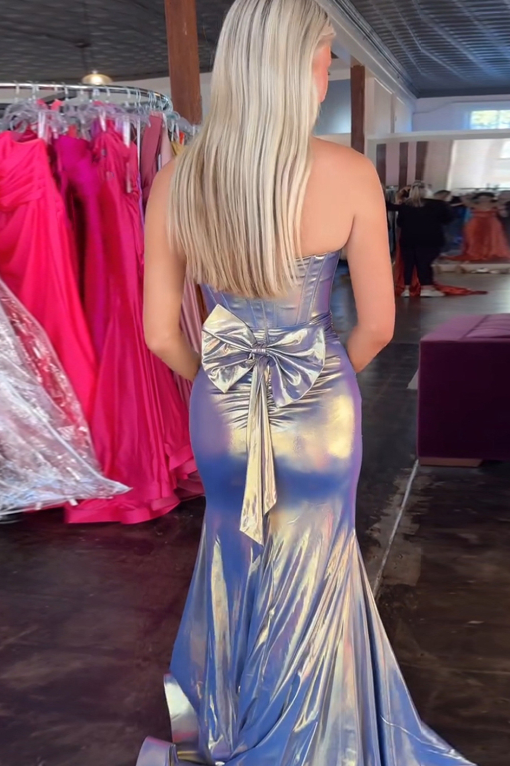 Metallic Blue Golden Long Mermaid Prom Dress with Strapless Design and Slit