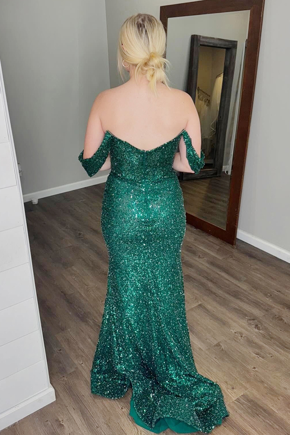 Long Dark Green Sparkly Sequin Mermaid Prom Dress with Slit and Off-Shoulder Design