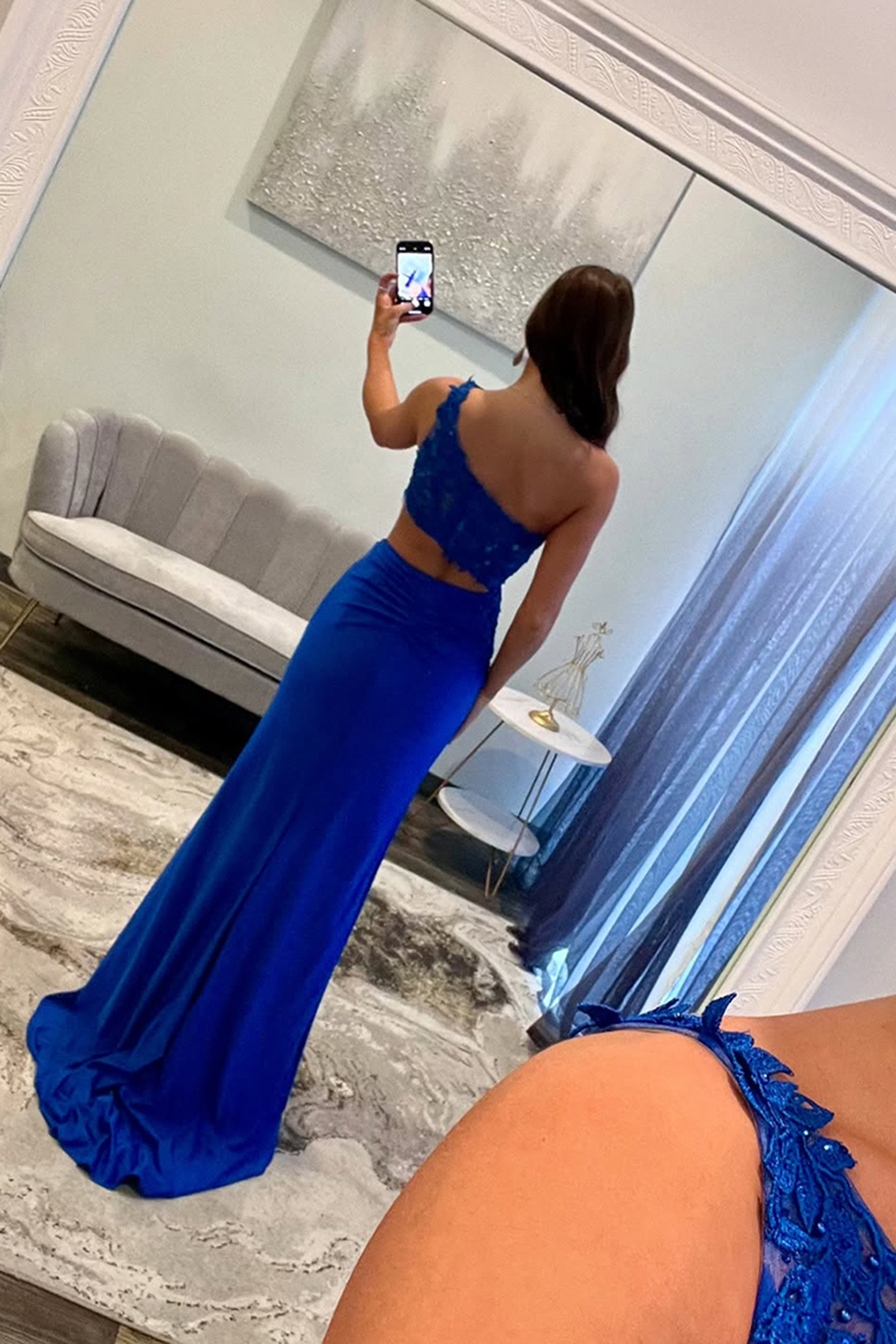 Royal Blue Glitter One-Shoulder Long Prom Dress Featuring a Waist Cut-Out and Lace