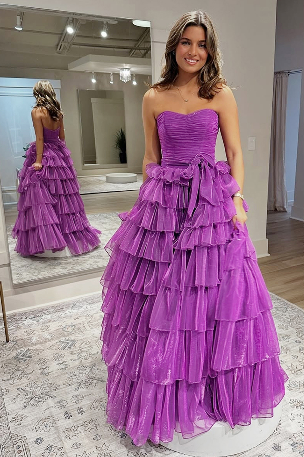 Long Prom Dress with Ruffled Tulle in Dark Purple Sweetheart Princess Style