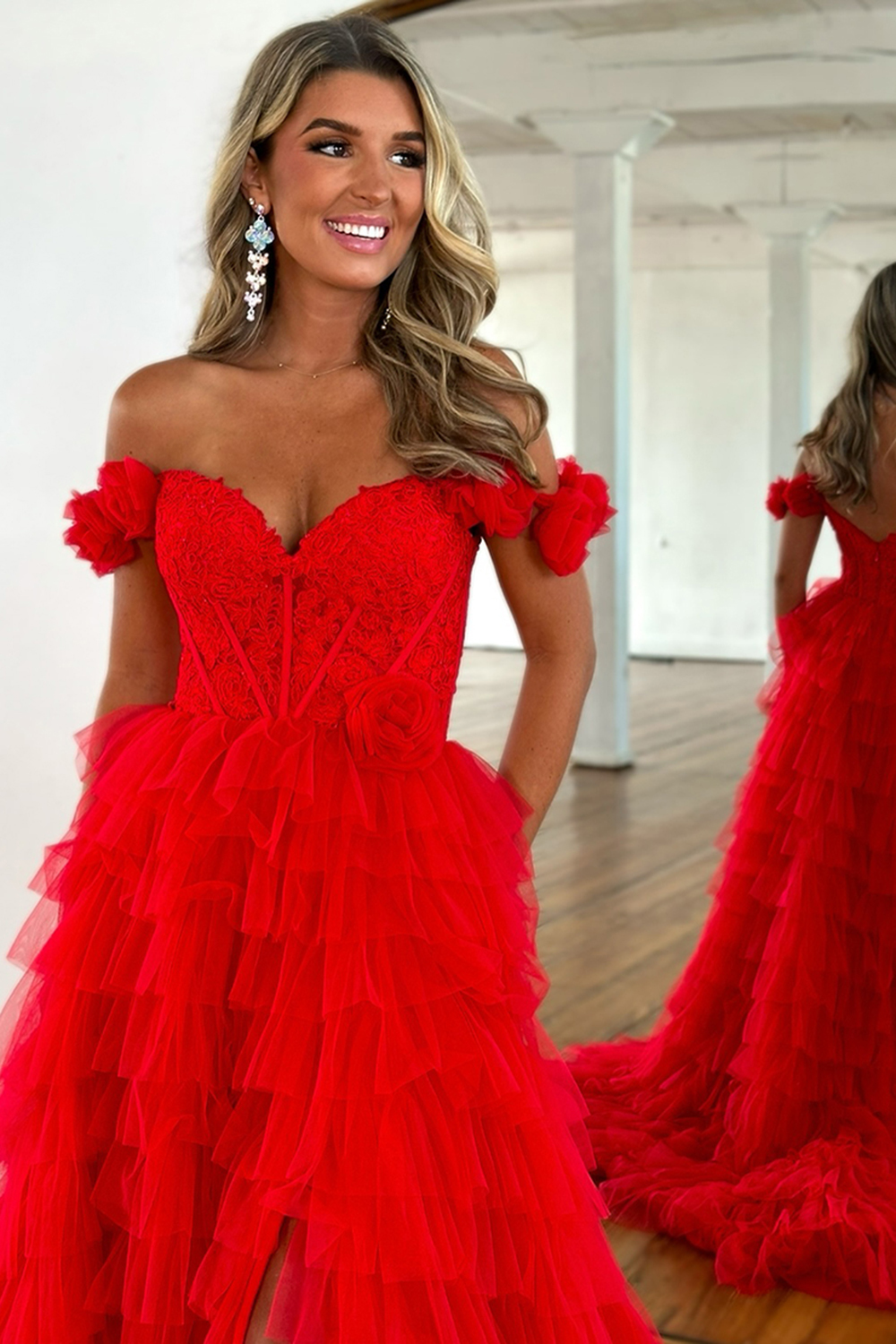 Long Red Prom Dress with Lace and Off-the-Shoulder Ruffles