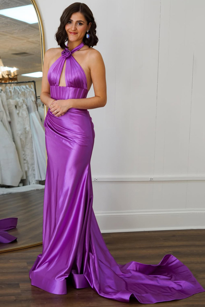 Long Sage Satin Prom Dress with Flower Halter Backless Style