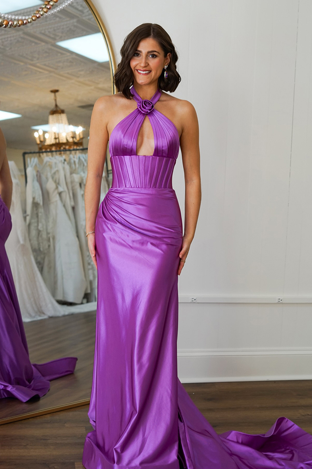 Long Sage Satin Prom Dress with Flower Halter Backless Style